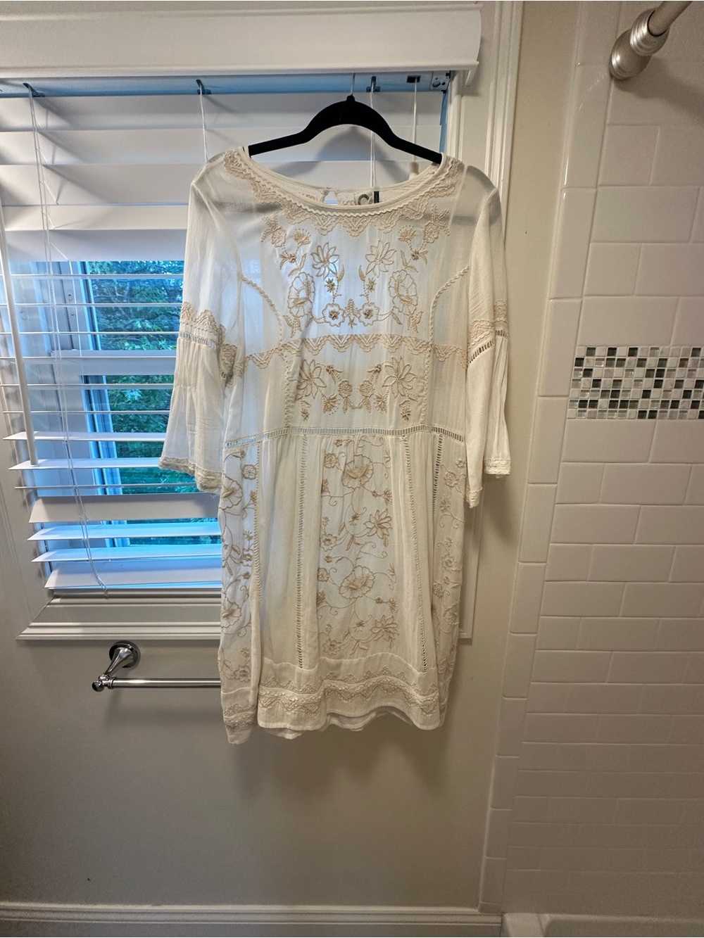 Anthropologie White Dress with Beige Floral Embroidery